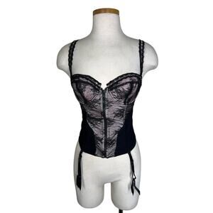 Jezebel Lust Bustier Lace Underwire Zip Front Garter Straps Black Pink Small